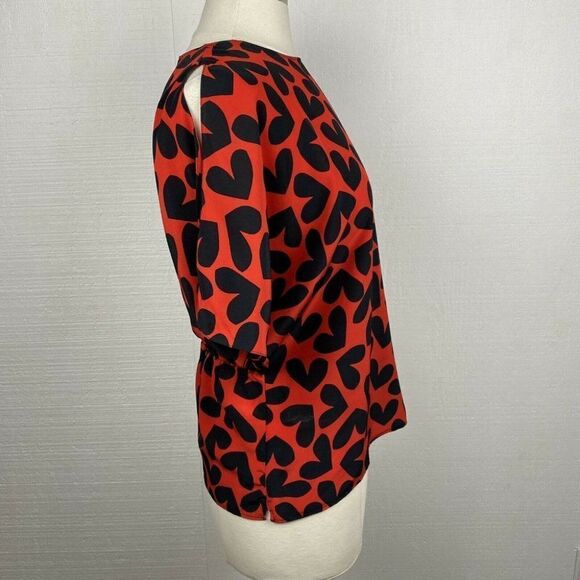 YVES SAINT LAURENT Blouse 6 Womens Hearts Black Red Short Sleeves Cinched Waist - Picture 4 of 11